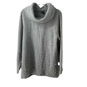 Cowl Neck Sweater Womens Size XL Gray Embellished Pearl Nina Leonard Brand Cute